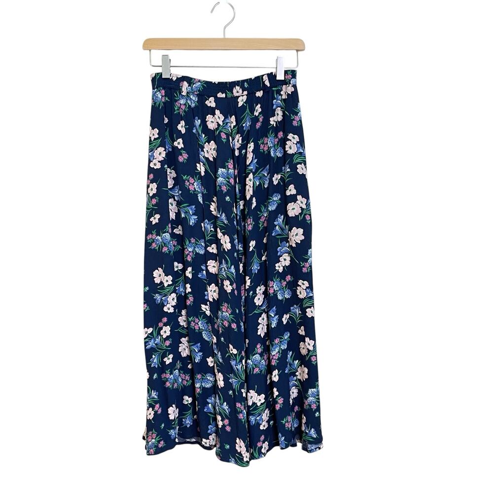 Vintage Liz Claiborne Navy Blue Pink Floral Print A-Line Rayon Midi Skirt Sz PS